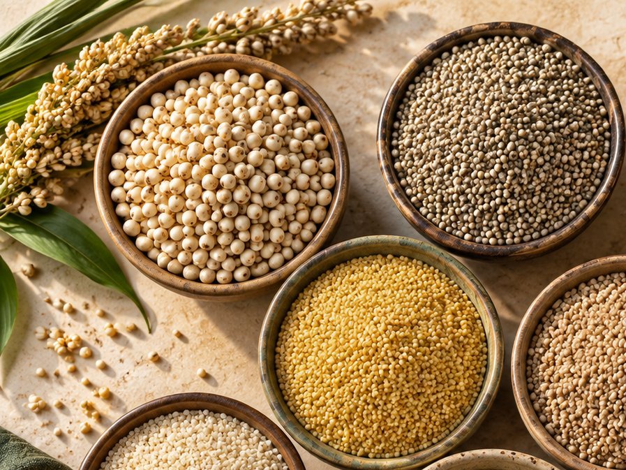 A close-up of several bowls of whole millet grains arranged on a countertop, representing Foodiculture's grain foundation