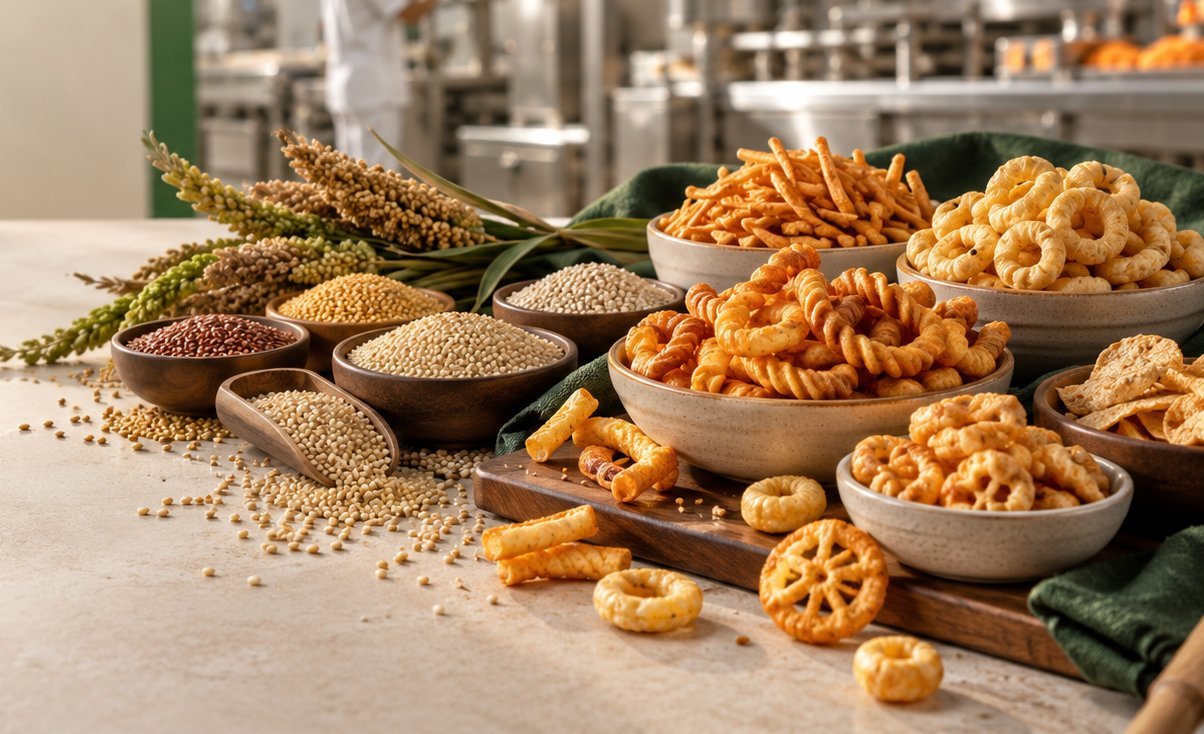 Whole millet grains beside finished extruded millet snacks on a countertop, with food production equipment visible behind them