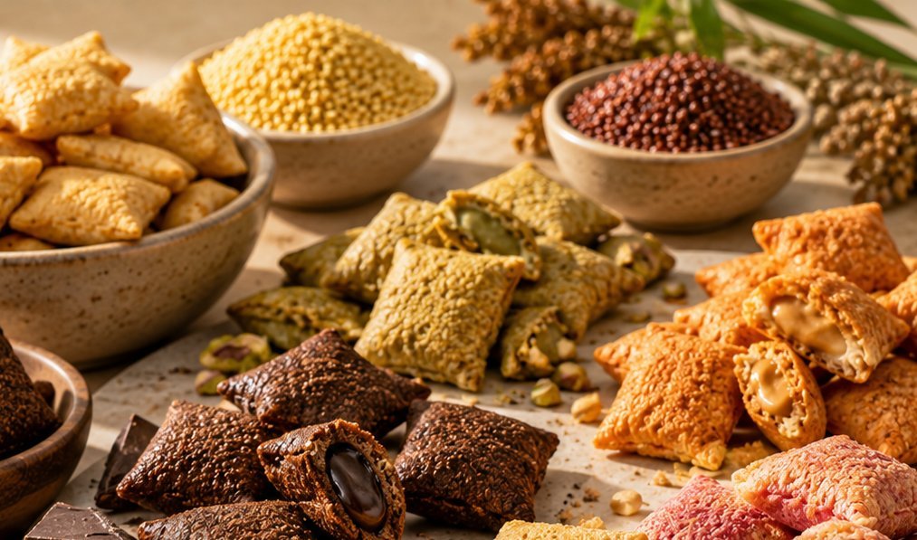 A close-up of millet-based filled snack pillows with pistachio, chocolate and nut-butter fillings, arranged during a tasting and development session