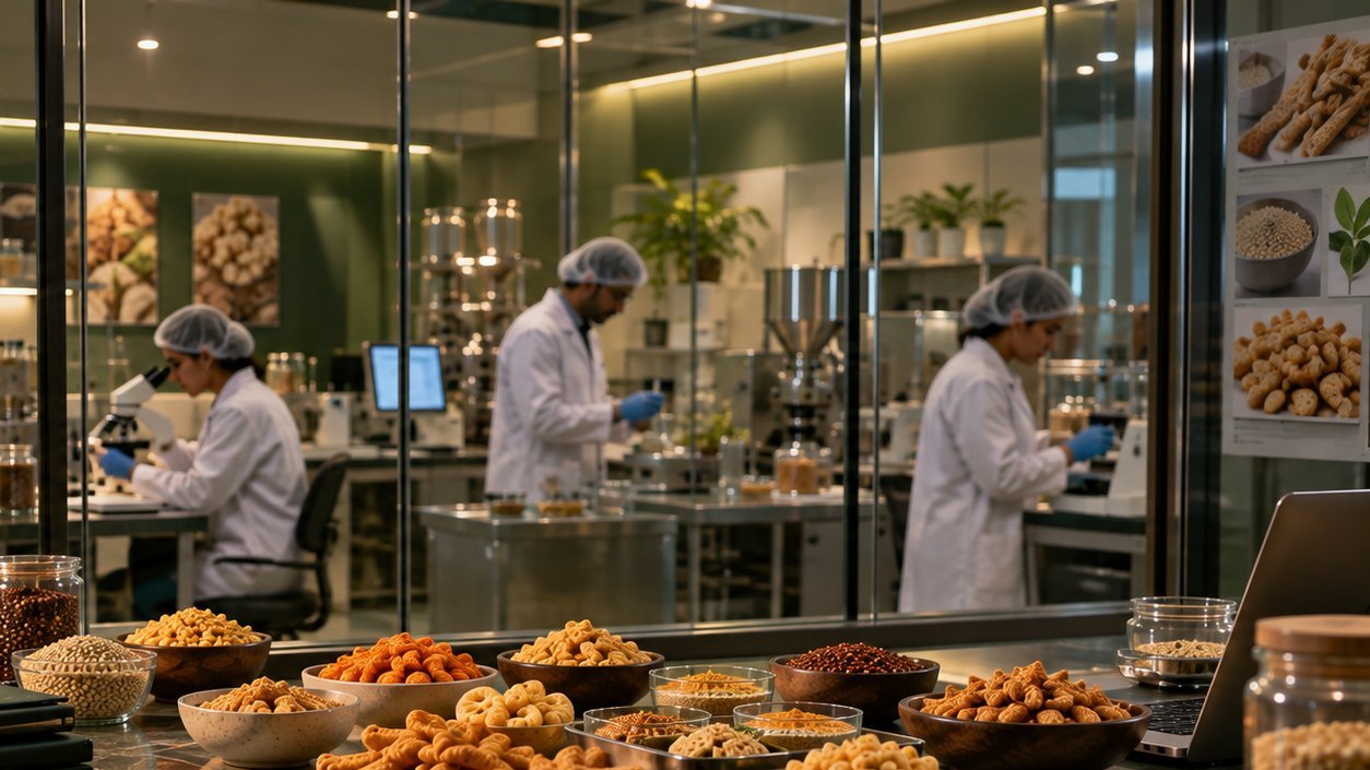 Food technologists in a glass-walled lab working at microscopes and processing equipment
