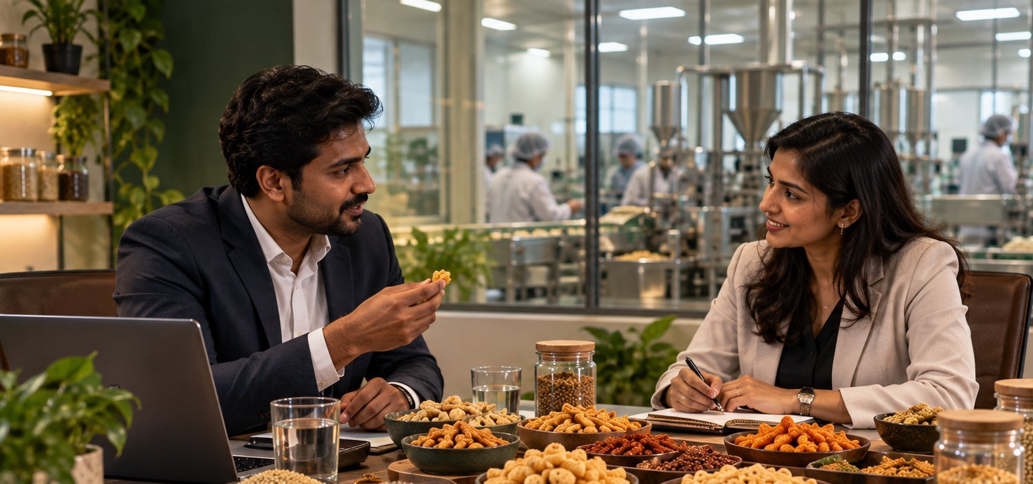 Two Foodiculture founders in conversation across a table, with a millet snack processing line visible behind them