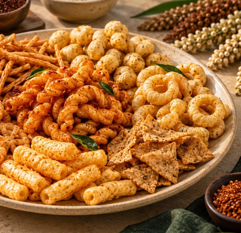A close-up of extruded millet snack rings and chips on a serving plate