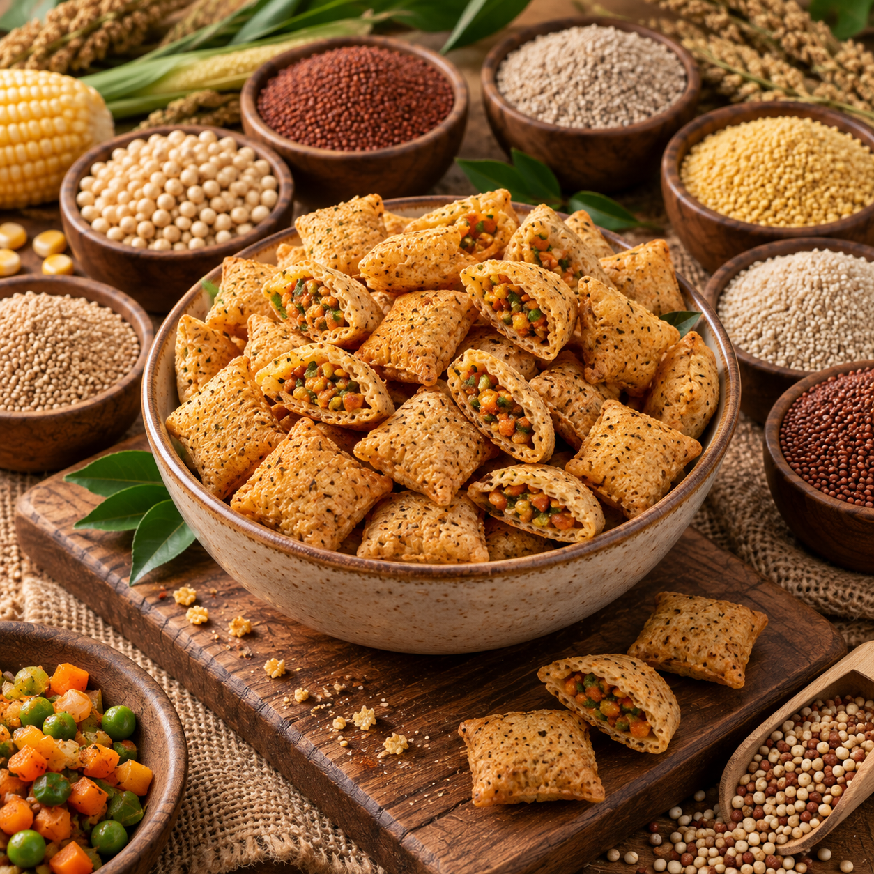 A plate of extruded millet savoury snack formats — twists, rings, sticks and chips