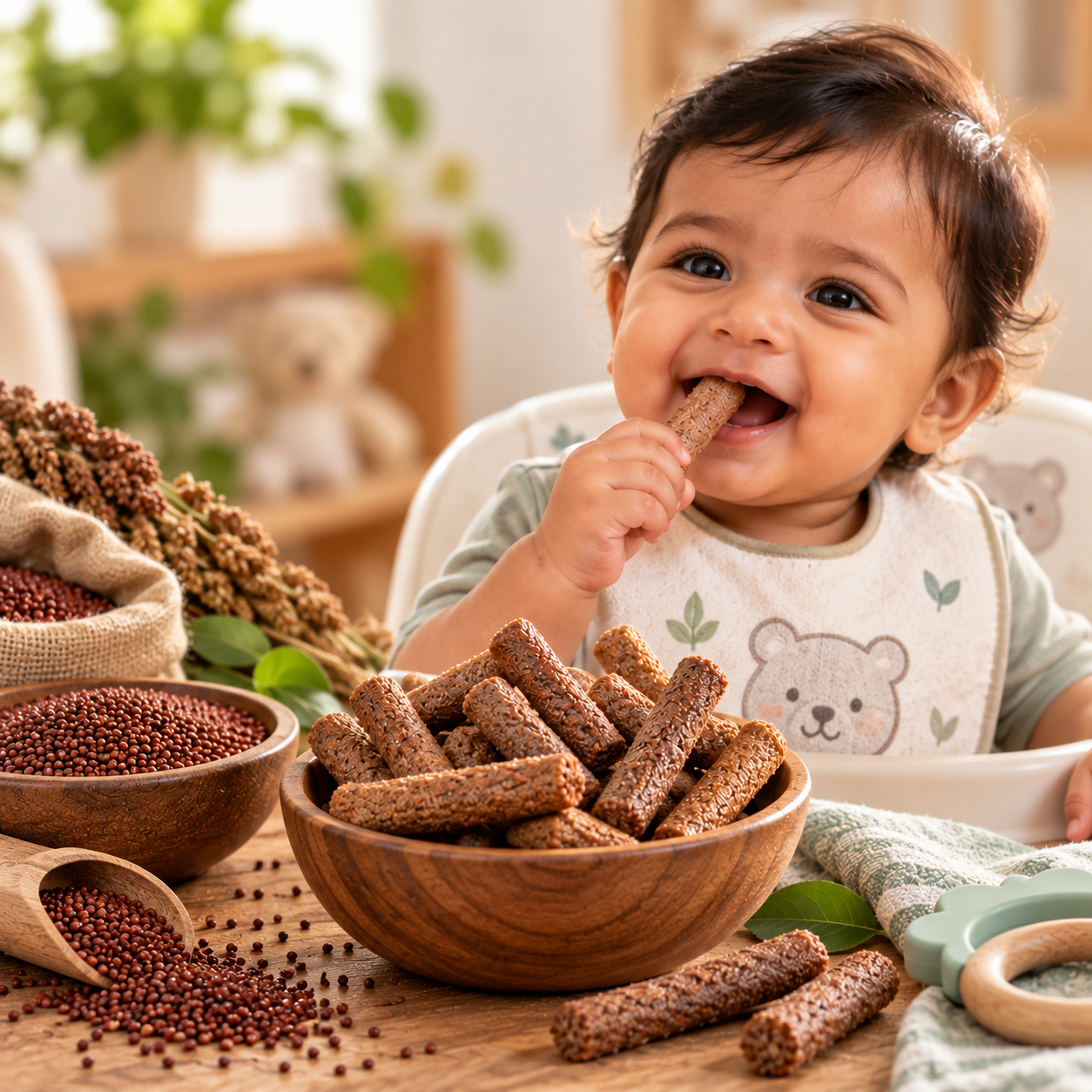 A plate of extruded millet savoury snack formats — twists, rings, sticks and chips