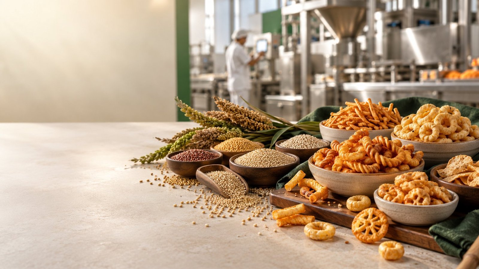 Assorted millet grains beside extruded millet snack formats on a countertop, with a food production line in the background