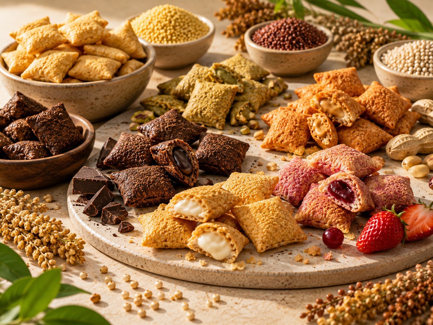 An assortment of millet-based filled snack pillows arranged on a serving board