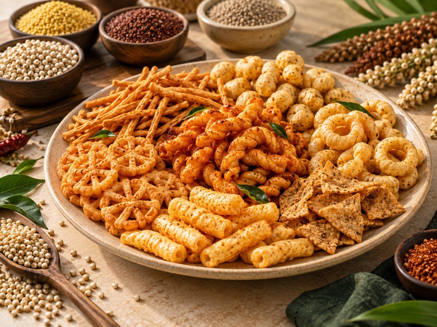 A plate of extruded millet savoury snack formats — twists, rings, sticks and chips