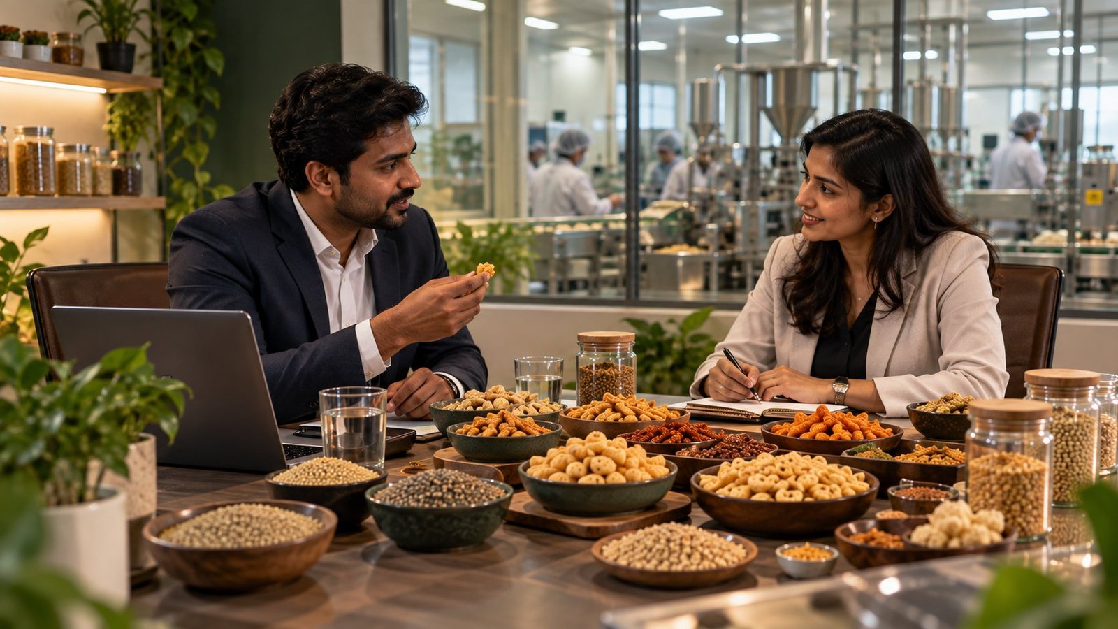 A Foodiculture team member and a brand partner reviewing samples together at a table, with a production line visible behind them