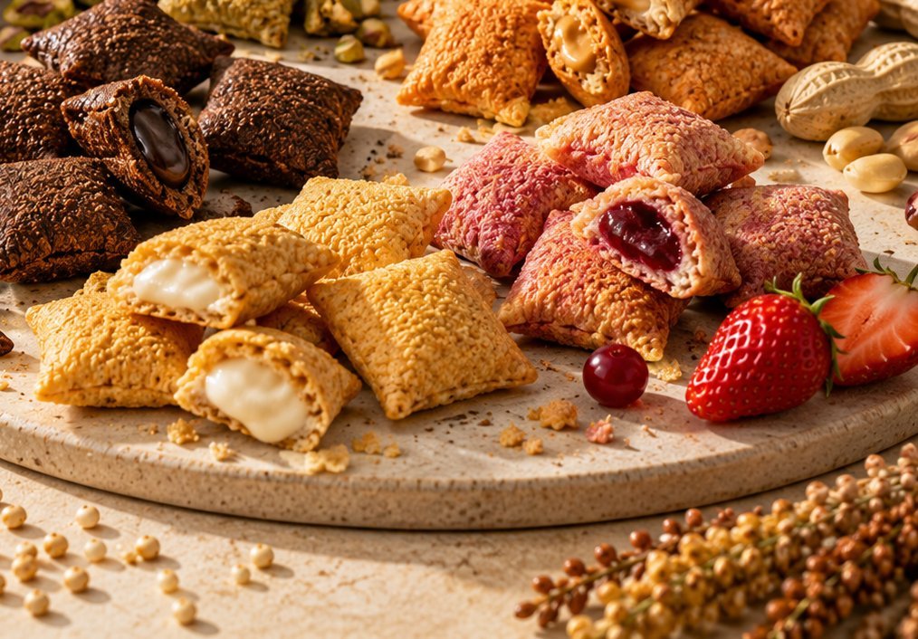 A close-up of millet-based filled snack pillows with cream, cranberry, chocolate and nut-butter fillings, garnished with fresh strawberries